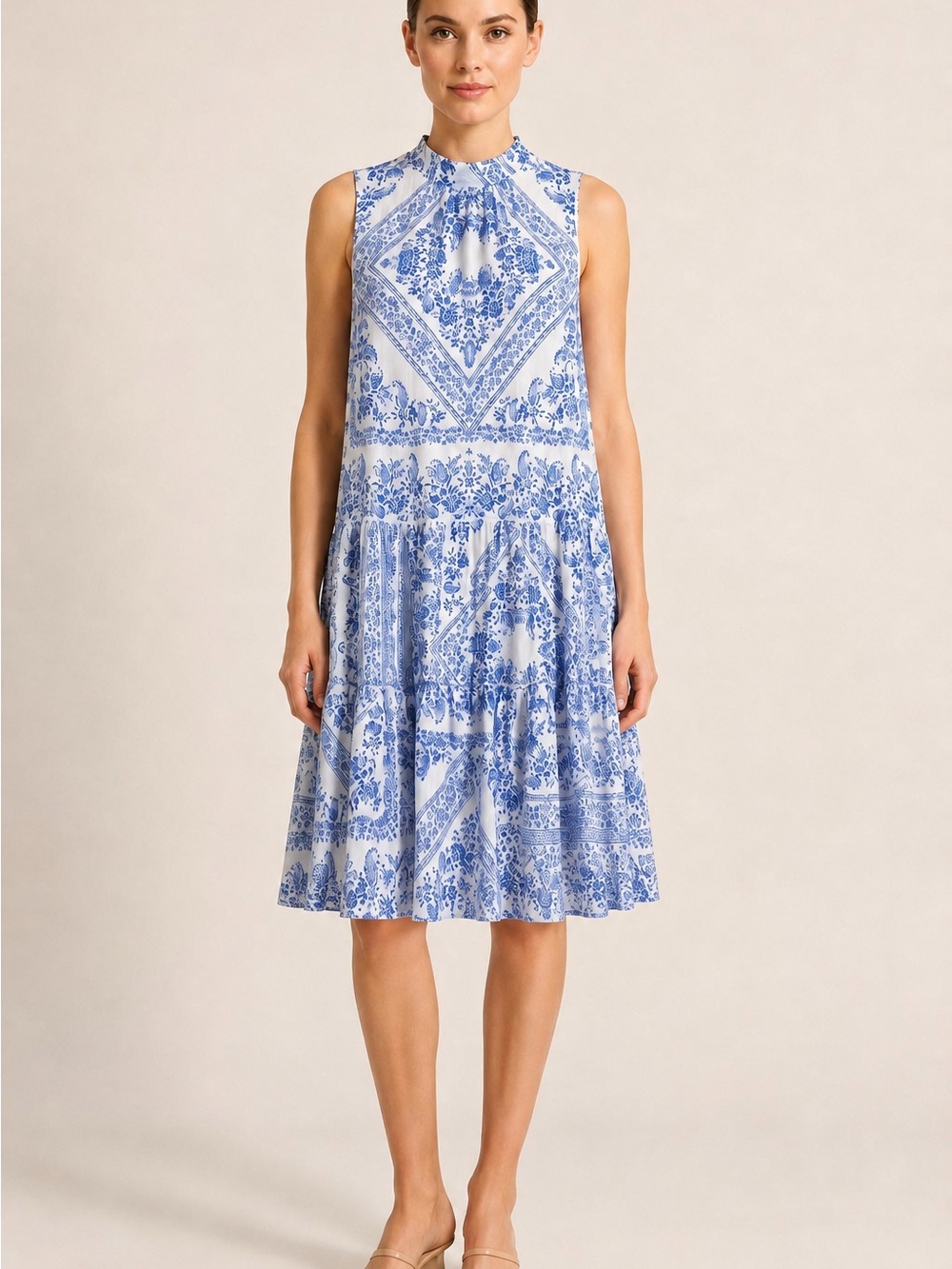 Calvin Klein Blue White Paisley Tiered Tie-Neck Dress Size 8 EUC